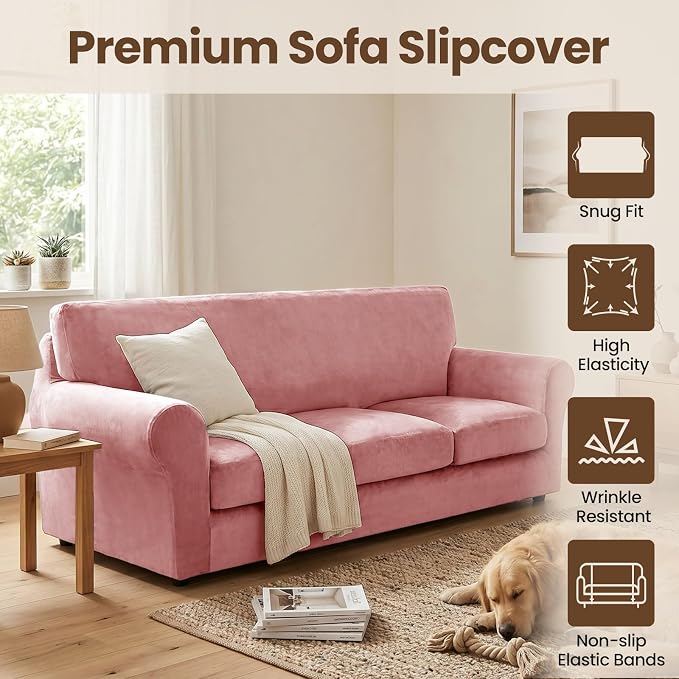 XINEAGE 4-Piece Velvet Sofa Cover,Couch Covers for Dog,Pink | 3 Cushion Sofa,Stretch Non-slip Elastic, Pet-friendly, Washable, Fast Setup, Soft Plush Fabric, Furniture Protector. - Image 2