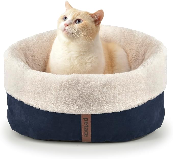 Self Warming Cat Bed, 17.7" x 13.7" Anti-Slip Soft Round Thermal Pet Cushion Bed for Kittens, Cats, Puppies and Small Dogs, Blue by petace