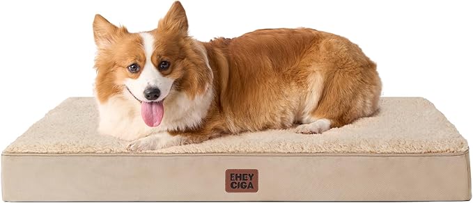 EHEYCIGA Orthopedic Dog Bed Large with Removable Washable Cover, 35IN Khaki | Egg Crate Foam Support, Durable Oxford fabric, Non-Slip Bottom, Machine Washable, Soft Waterproof Plush Pet Bed Mat For Crate by EHEYCIGA