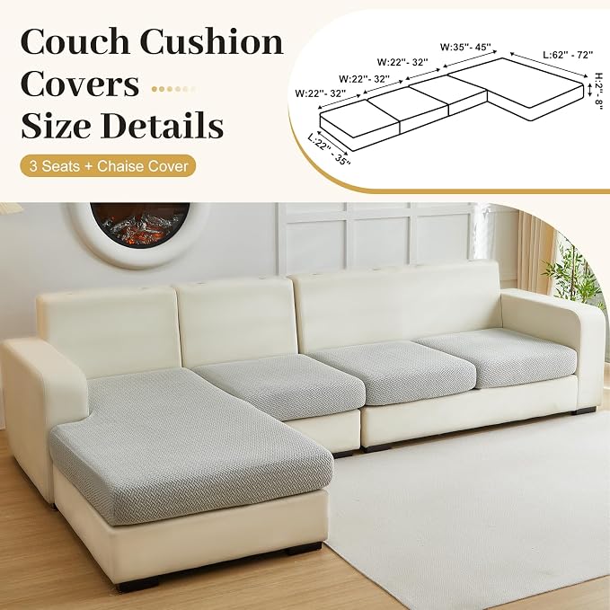 Couch Cushion Covers & Couch Cover for Sectional Sofas, Reversible Non-Slip Sofa Slipcovers, Washable Pet Proof Home Decor Protector (Light Gray, 3 Seats + Chaise Cover) - Image 2