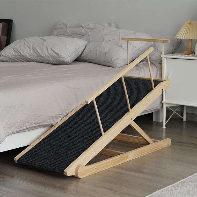 Dog Ramp for Bed Couch - Pet Steps Stairs to Get on Bed Couch 11.8"-27.5" High for Small or Large Dog Up to 200 lbs, Adjustable Wooden Dog Ramp Steps Foldable Portable, Anti-Slip Carpet (L-Natural)