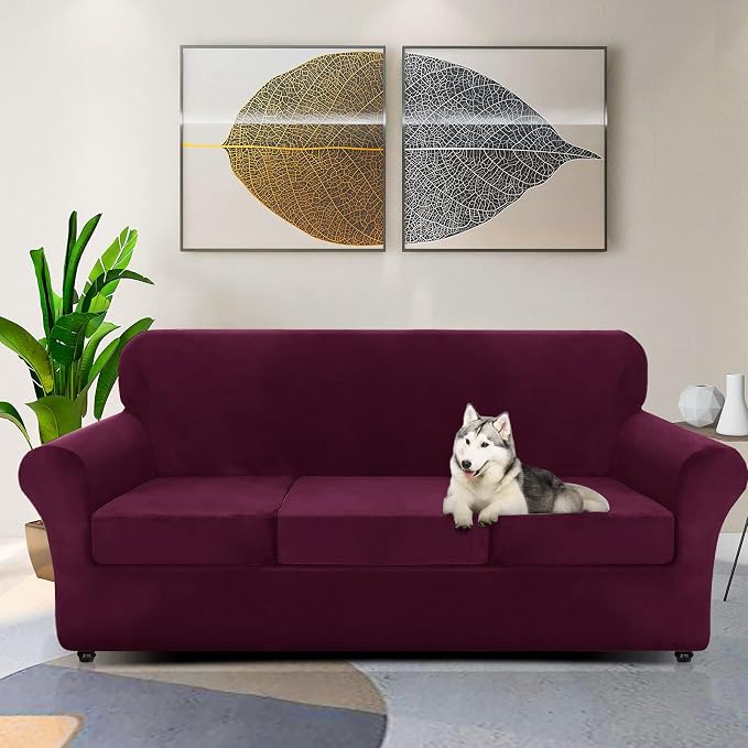 ZNSAYOTX Luxury Velvet Couch Cover 4 Piece (72"-92") Stretch Sofa Covers for 3 Cushion Couch Thick Soft Sofa Slipcover with Non Slip Strap, Dog Pet Friendly Nice Furniture Protector (Wine Red) - Image 2