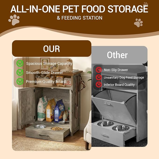 Dog Feeding Station with Storage Cabinet, Raised 2 Elevated Dog Bowls with Hidden Pull Out Drawer, Pet Feeder Organizer with 3 Side Hooks, Large Capacity Dog Food Storage Cabinet - Image 4