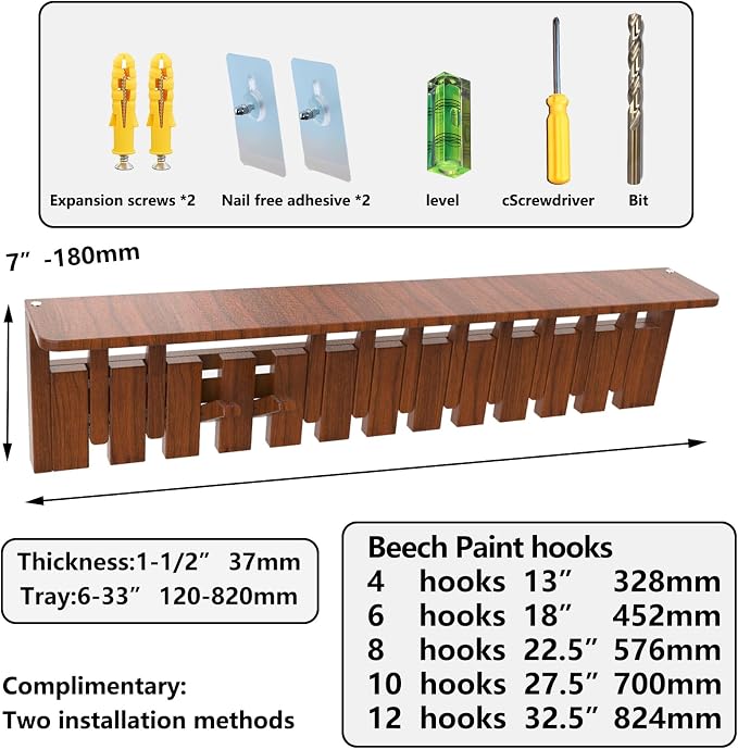 Wall Mounted Coat RackHooks Piano Key Hangers Natural Solid Wood Hanger Non-Woven Fabric Clothes Hangers for Closet, Kitchen, Bedroom, Bathroom, Entryway (Tray-Walnut, 6 Hooks) - Image 5
