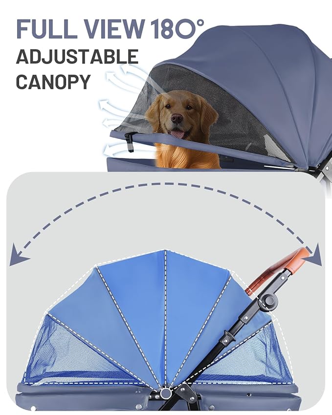 Dog Stroller for Large & Medium Dogs, Pet Stroller for 2 Small Dogs, Extra Large Heavy Duty, Foldable Design, Adjustable Handle, with Pocket, Up to 132 lbs(Navy Blue)