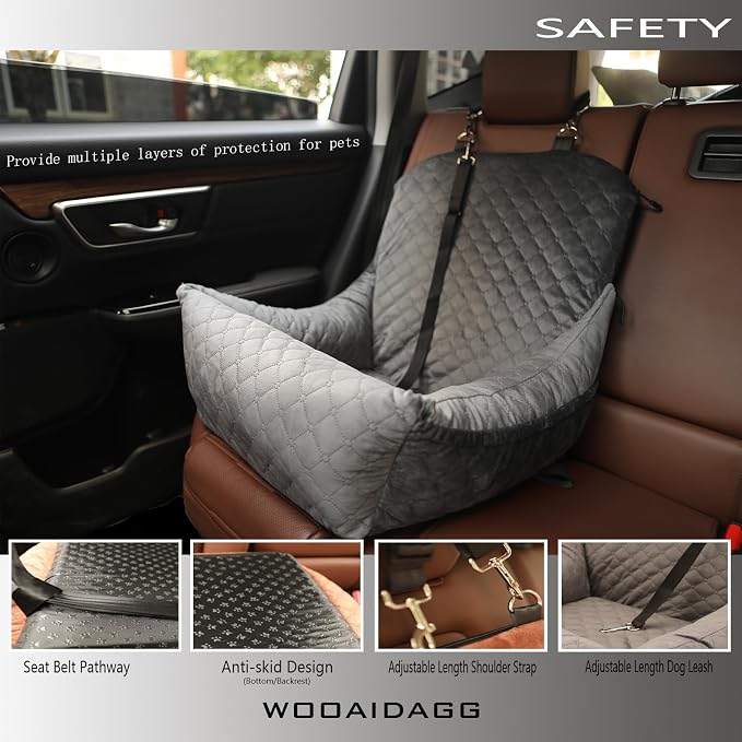 WOOAIDAGG Dog Car Seat,Fully Detachable and Washable Cover,Easy to Assemble,Comfy Cushion Fill in Memory Foam,2 Clip-On Safety Leashes and Storage Pockets (Grey) - Image 4