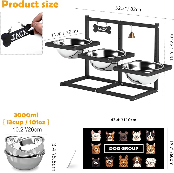 Extra Large Elevated Dog Bowl Stand for Multiple Dogs – 6 Height Adjustable Raised Stand with 3×101oz Stainless Steel Bowls & Non-Slip Mat for XLarge Breeds - Image 3