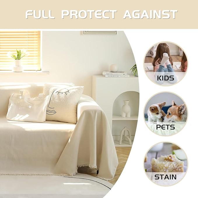 MEETSKY Couch Cover Sofa Covers for 3 Cushion Couch Sofa Slipcovers Thick Chenille Couch Cushion Covers for Loveseat Recliner Simply Put Couch Cover for Pets,Kids 71" x 134", Beige - Image 6