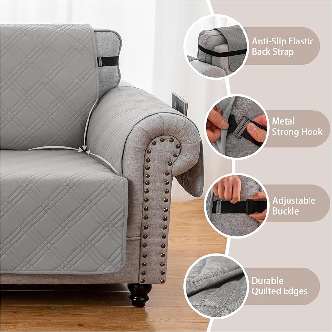 100% Waterproof Couch Cover for Dogs, Anti-Slip Washable Sofa Cover with Elastic Straps & Side Pockets, Durable Furniture Protector for Kids & Pets (Loveseat 46", Newgrey) - Image 5