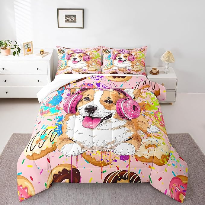 Homewish Watercolor Donuts Comforter Set King Size 3pcs, Graffiti Cartoon Dog Cute Animal Print Bedding Set for Kids Girls Boys, Dessert and Animal Theme Polyester Quilt Duvet for Dorm Bedroom, Pink by Homewish