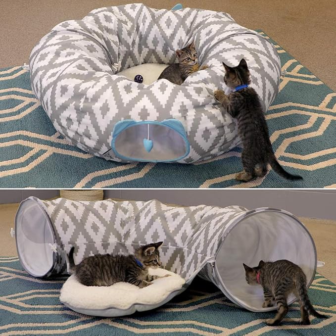 Kitty City Large Cat Tunnel Bed, 2-in-1 Zip-Together Cat Play Tunnel & Plush Nap Bed, Pop-Up Indoor Cat Toy with Hanging Toys, Collapsible Design - White - Image 3