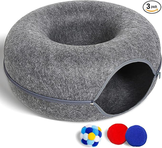Large Cat Tunnel Bed for Indoor Cats with 3 Toys, Scratch Resistant Donut Cat Bed, Up to 30 Lbs (L 24x24x11, Dark Grey) by PLIISLUP