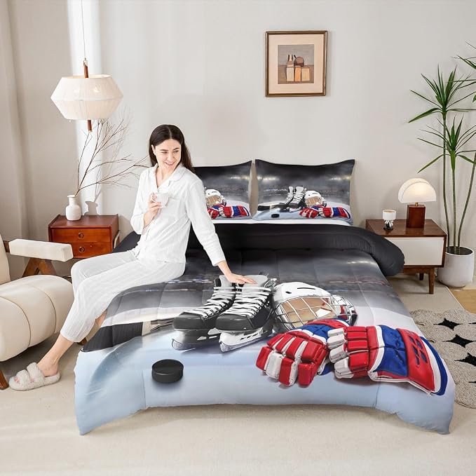 Erosebridal Ice Hockey Comforter Set Queen, Hockey Player Down Comforter for Kids Boys Girls Teens Juvenile, Sports Game Duvet Set, Soft Winter Quilted Duvet Sports Bedroom Decor for All Season - Image 2