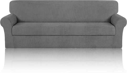 Oversized Sofa Cover Stretching Skid Resistance Couch Cover for Pets Washable, Thick and Durable Soft High Spandex Striped Pattern Sofa Covers (Oversized Sofa, Light Gray) by ChengEase