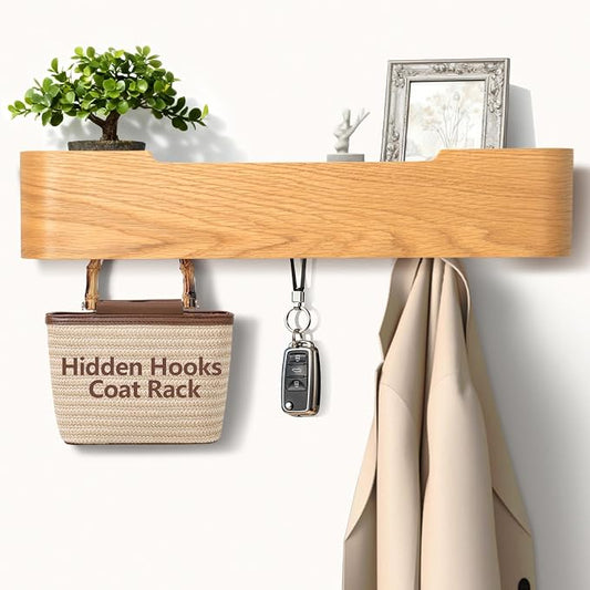 Coat Rack Wall Mount with Hidden Hooks Modern Key Holder Wood Entryway Hook with Shelf for Bedroom Kitchen Hallway Bathroom Designed for Hanging Coats Hats Bags Towels Dog Leashe(Oak,5 Hooks) by Jadoxy