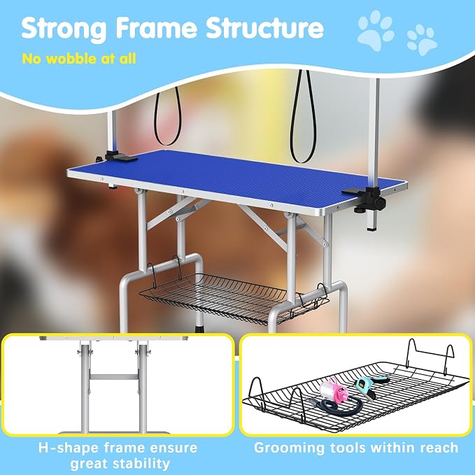 Lyromix 42'' Foldable Dog Grooming Table with Arms/Nooses/Mesh Tray, Blue | Stainless Steel Grooming Table for Dogs at Home, Adjustable Pet Bathing Station, Non-Slip Waterproof Tabletop, Capacity 330Lb - Image 4