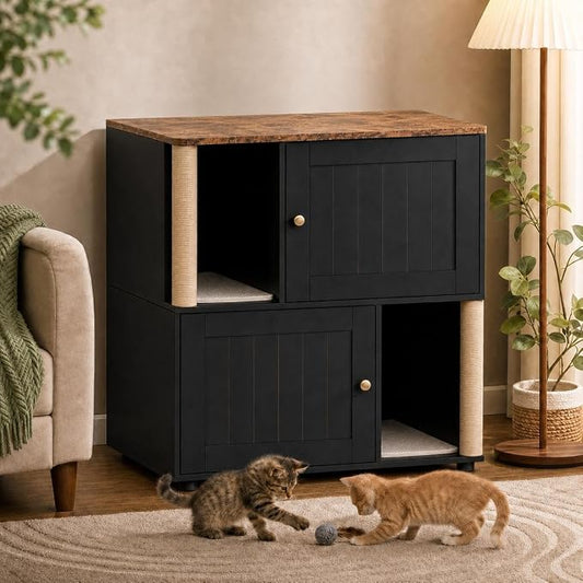 Garvee Cat Litter Box Enclosure for 2 Cats, Double Hidden Litter Box Furniture Cabinet with 2 Scratch Mat and Scratch Post, Modern Farmhouse Wooden Enclosed Cat Washroom, End Side Table by Garvee