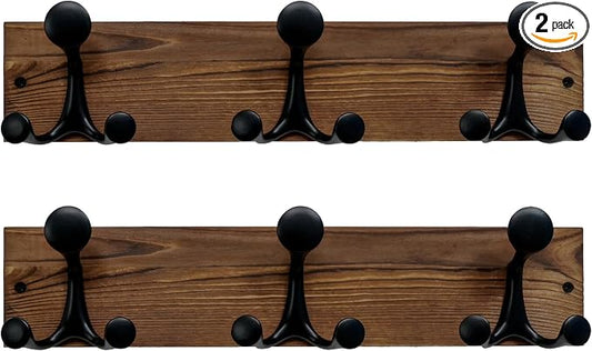 SKOLOO 17-Inch Wood Coat Rack Wall Mount with 3 Triple Hooks - Ideal for Family Entrances, Classrooms, and Pet Supplies Storage - Perfect Coat Hooks for Wall,Charred Golden Brown, Pack of 2 by SKOLOO