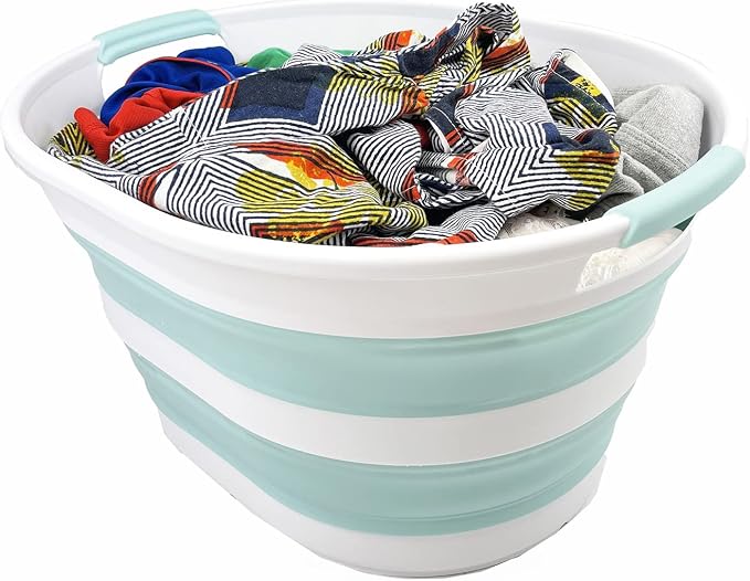 SAMMART 23L (6 Gallons) Collapsible Plastic Laundry Basket - Oval Tub/Basket - Foldable Storage Container/Organizer - Portable Washing Tub (White/Lake Green (Set of 2)) - Image 4