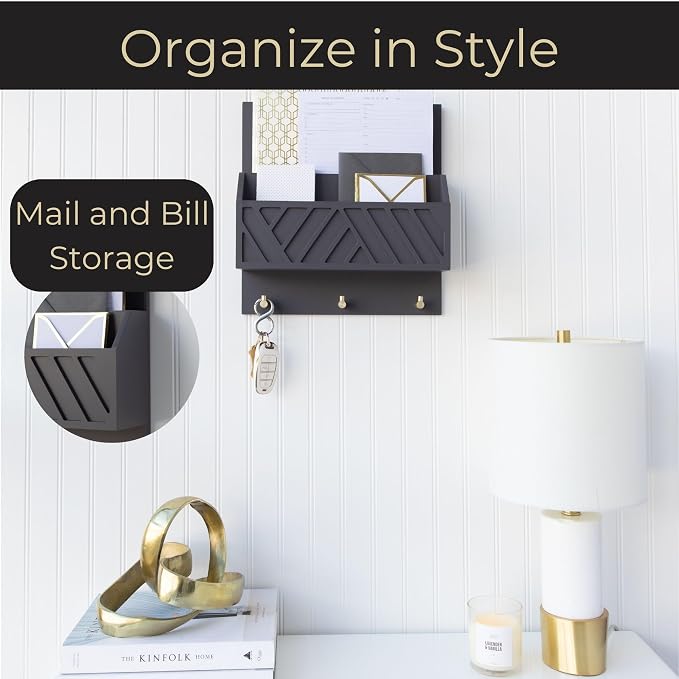 BLU MONACO | Wall-Mounted Mail and Key Holder in Grey Wood | Two-Tier Mail Organizer with Gold Hooks | Entryway Command Center for Home or Office - Image 2