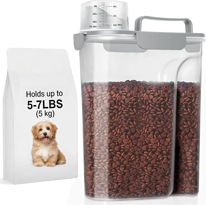 5-7LBS Airtight Dog Cat Food Storage Container with Upgraded Large Nozzle BPA-free, 4 Snap Seals Plastic Pet Food Storage Container with Handles are Easy to Clean and Carry- Light Gray by LEAWALK