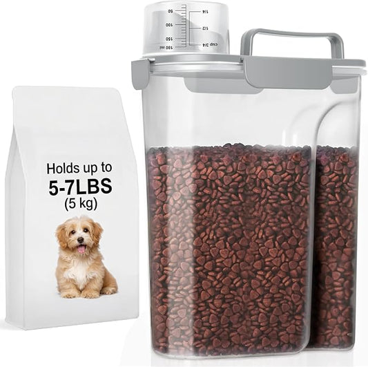 5-7LBS Airtight Dog Cat Food Storage Container with Upgraded Large Nozzle BPA-free, 4 Snap Seals Plastic Pet Food Storage Container with Handles are Easy to Clean and Carry- Light Gray by LEAWALK