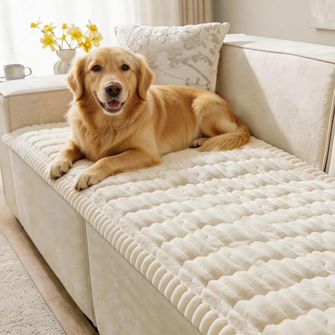 SureFit Couch Covers for Dogs,Non-Slip Washable Pet Friendly Sofa Protector | Non-Slip Paw Print Grip,Sofa Slipcovers for 3 Cushion Couch,Soft Thick Furniture Protector for Sofa Cushions(28"x71" Ivory) by SureFitInc