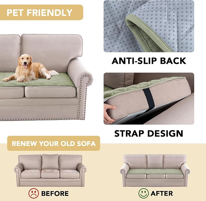 H.VERSAILTEX Couch Cover Chenille Pet Fuzzy Sofa Covers for 3 Cushion Couch Anti Slip Washable Sofa Slipcovers with Strap Soft Couch Protector Cover for Dogs Cats Kids(27.6" x 82", Tender Green) - Image 4