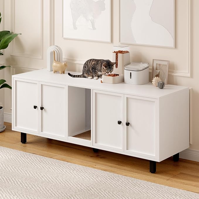 ONBRILL 63 Inches Cat Litter Box Enclosure for 2 Cats, Hidden Litter Boxes Furniture with Cat Scratch Pad, Large Indoor Pet House with Double Room, Wooden TV Stand Side Table, Off White - Image 8