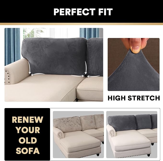 PrinceDeco Sectional Couch Covers Velvet Cushion Covers for Sectional Couch Washable Cushion Covers for Sectional Sofa Pet Friendly Sectional Sofa Slipcovers(1 Chaise Back+ 3 Sofa Back,Grey) - Image 5