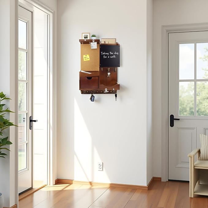 Key Holder Wall Mount， Mail Organizer Key Holder for Wall with Shelf, Drawer, Chalkboard, Corkboard, Home Decor Wall Mounted for Room Entryway(Vintage Brown) - Image 5