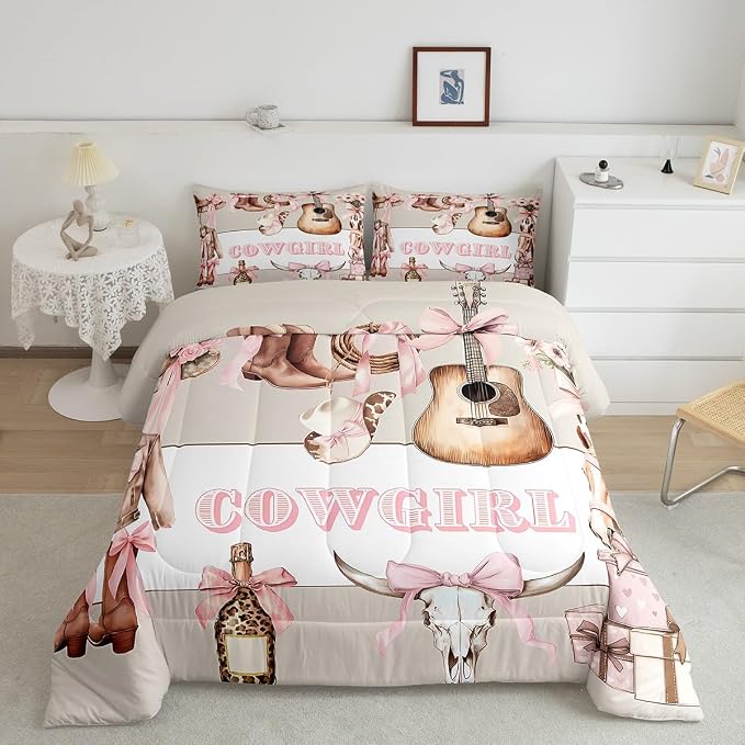 Manfei Pink Bowknot Cowgirl Comforter Set King Size,Retro Farmhouse Guitar Bedding Set for Kids Girls Boys Room Decor,Girly Bows Horse Soft Duvet Insert for All Season,2 Pillowcase,Beige Pink - Image 8