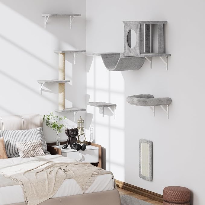 12-in-1 Cat Wall Shelves, Luxury Wall-Mounted Cat Climber Set | with Condos House, Scratching Post, Bridge Ladder, Indoor Space-Saving Furniture for Kittens，Gray - Image 7