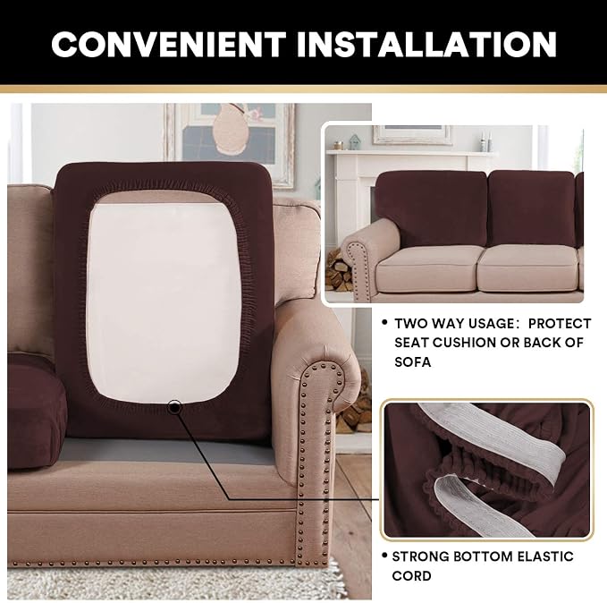 PrinceDeco Velvet Couch Cushion Cover Soft Stretch Cushion Slipcover for Chair Loveseat Sofa Cushion Furniture Protector Seat Cushion Sofa Cover Each Width Up to 40", Brown - Image 5