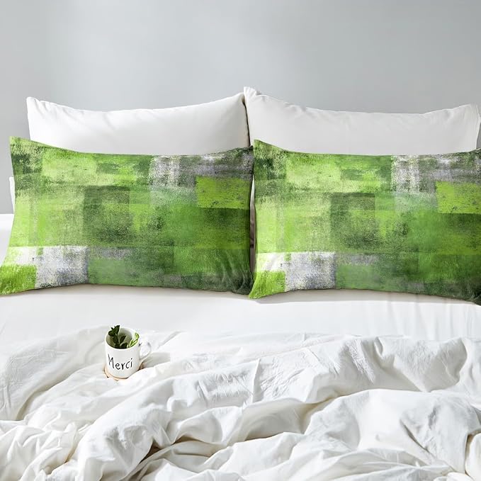 Erosebridal Summer Watercolor Bed Sheets Set for Kids Boys Girls,Green Grey Sheet Set Full,Mid Century Sheets,Abstract Oil Painting Ombre Art Flat Fitted Sheet with 2 Pillowcases Deep Pockets - Image 4