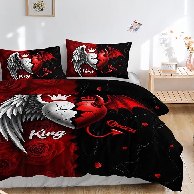 AILONEN Red & Black Rose Heart Duvet Cover Set, King Size,Angel and Demon Bedding Sets,Romantic King & Queen Comforter Cover for Bedroom Decor,3Pcs 1 Quilt Cover + 2 Pillowcase,Soft Breathable - Image 3