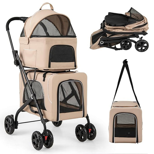 PETSITE Double Dog Stroller, Foldable 3-in-1 4 Wheels Cat Stroller with 2 Detachable Carriers, Safety Belt, Washable Cover, Removable Pads for Small Medium Dogs Cats (Beige)
