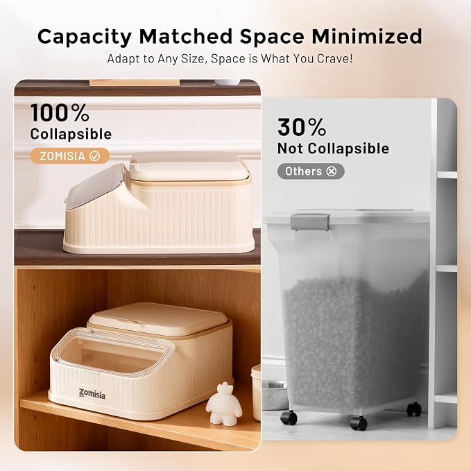 ZOMISIA 20-30lbs First-in, First-out Collapsible Dog Food Storage Container | FIFO System Easy Dispense Base for Freshness, Cat Food Storage Containers with Transparent Lid and Scoop - Image 5