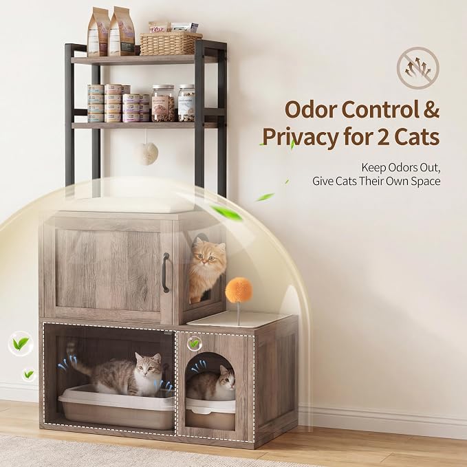 Heybly Cat Litter Box Enclosure Furniture, Double Hidden Litter Box Cabinet with Cat Tree, Large Litter Box Enclosure with Shelves & Storage, Cat House for 2 Cats, Cat Box Enclosure, Greige HCLB002SG - Image 4