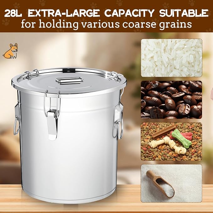 Lounsweer 2 Pack 8.9 Gal Stainless Steel Dog Food Storage Container with Lid and Locking Clamp 33 L Metal Airtight Container Large Stainless Steel Bucket with Food Scoop for Pet Feed - Image 6