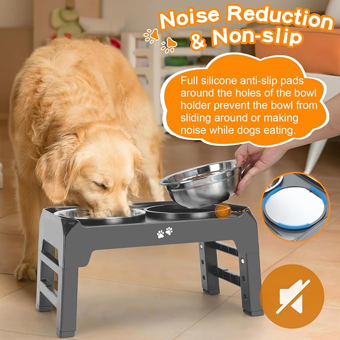 Elevated Bowls, 4 Height Adjustable Raised Stand With 2 Thick 50oz Stainless Steel Food Bowls, Non-Slip Feeder for Large Medium Dogs, Adjusts to 3.7", 9.2", 10.75", 12.36" Grey - Image 6