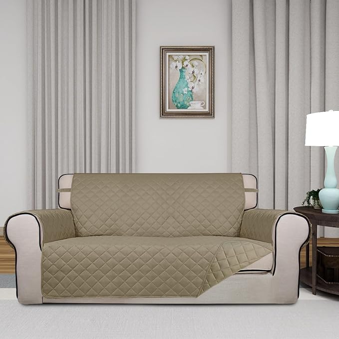PureFit Reversible Quilted Couch Covers for Dogs Loveseat Sofa Cover 54" | Beige/Beige, Water Resistant Couch Protector, Washable Pet Couch Cover with Non Slip and Elastic Straps For Kids - Image 2