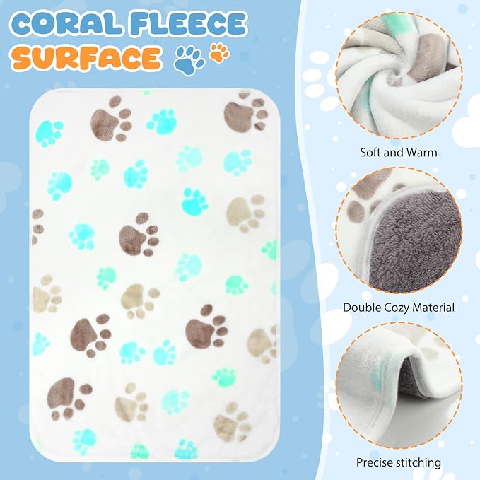 Tegeme 6 Pcs Waterproof Dog Blanket 24 x 16 Inch Paw Print Pet Blanket for Dogs Cats Puppy Washable Soft Fluffy Fleece Rug Flannel Throw Warm Sleep Mat for Kitten Doggy - Image 3