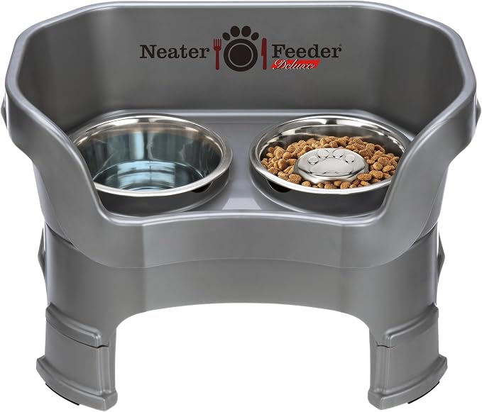 Neater Feeder Deluxe Mess-Proof Elevated Dog Bowls for Medium Dogs (19–40 lbs), 2 Height Adjustable (10” & 12.5”) No-Spill Raised Dog Bowl Stand w/Slow Feed Bowl for Food, Made in USA, Grey by NeaterPetBrands