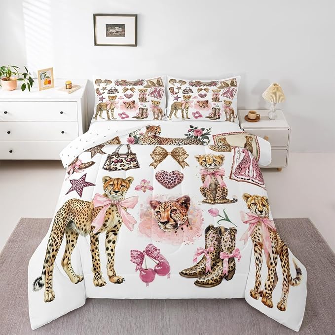 Manfei Cartoon Cheetah Boots Comforter Set Full Size,Girly Bow Cute Bedding Set for Kids Girls Boys Room Decor,Modern Fashion Leopard Soft Duvet Insert for All Season,2 Pillowcase,Pink White Brown - Image 6