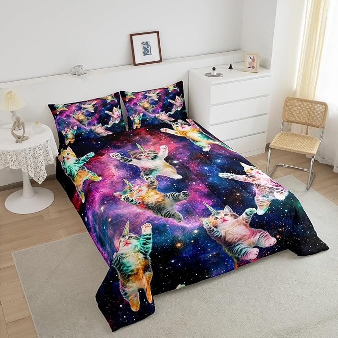 Feelyou Galaxy Unicorn Comforter Set Kids Cute Unicorn Cats Bedding Set for Boys Girls Fairy Cartoon Animal Comforter Stars Rainbow Cats Decor Quilt Set Room Decor 2Pcs Twin Size - Image 3