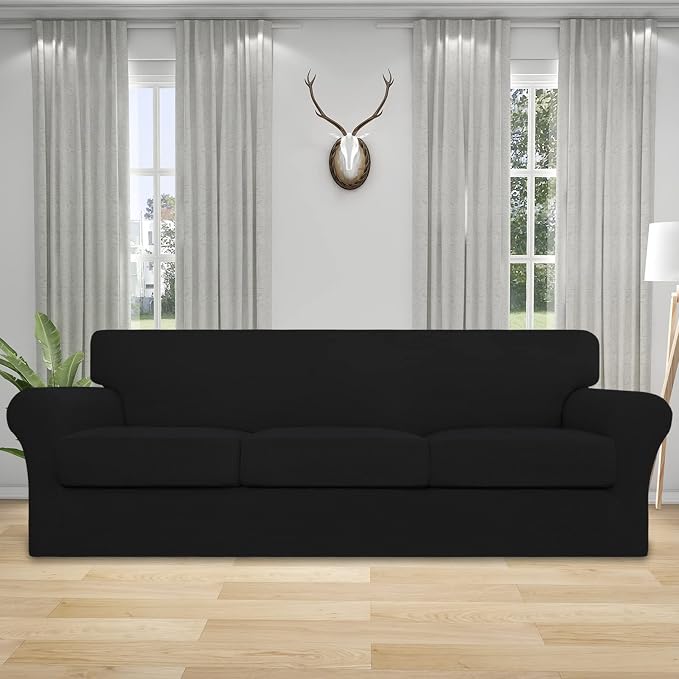 Easy-Going 4 Pieces Stretch Couch Cover Oversized Sofa Cover for Dogs Washable Sofa Slipcover for 3 Separate Cushion Couch Fabric Elastic Furniture Protector for Pets, Kids (Black, Oversized Sofa) - Image 2