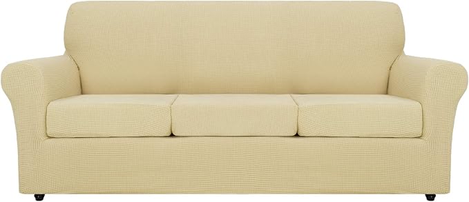 MAXIJIN 4 Piece Couch Covers for 3 Cushion Couch Super Stretch Sofa Cover for Dogs Pet Proof Fitted Furniture Protector Spandex Jacquard Non Slip Magic Couch Slipcover Washable (Extra Large, Beige) by MAXIJIN