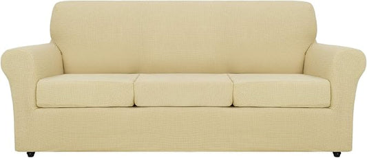 MAXIJIN 4 Piece Couch Covers for 3 Cushion Couch Super Stretch Sofa Cover for Dogs Pet Proof Fitted Furniture Protector Spandex Jacquard Non Slip Magic Couch Slipcover Washable (Extra Large, Beige) by MAXIJIN