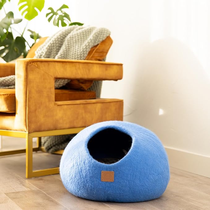 Best Aesthetic Cat Bed - Premium Felted Wool Cat Cave Bed - Cozy Peekaboo Round Cave for Large or Small Cats (Small, Sky Blue) - Image 2